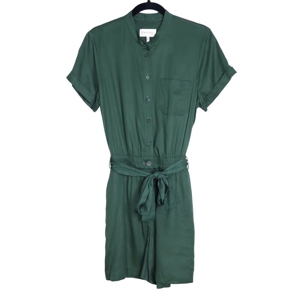 COTÉLAC Chambray Belted Romper Green Button Up Short Sleeve Women's 1/US 6